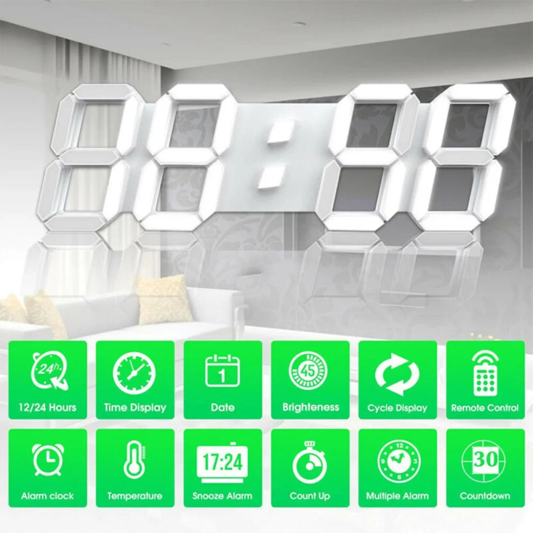 3D Modern Digital LED Wall Clock 24/12 Hour Display Timer Alarm Home USB