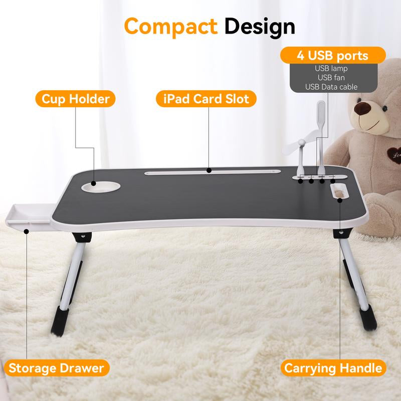 Laptop Bed Desk, Portable Foldable Laptop Table, Lap Desk Tray Table with 4 USB Ports, Storage Drawer and Cup Holder, for Bed/Couch Working, Reading